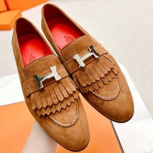 Women's Hermès Light Brown Suede Silver H-Buckle Fringe Loafers